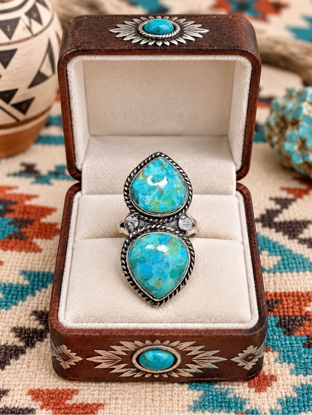 Ring Genuine Turquoise Double-Stone Sterling Silver